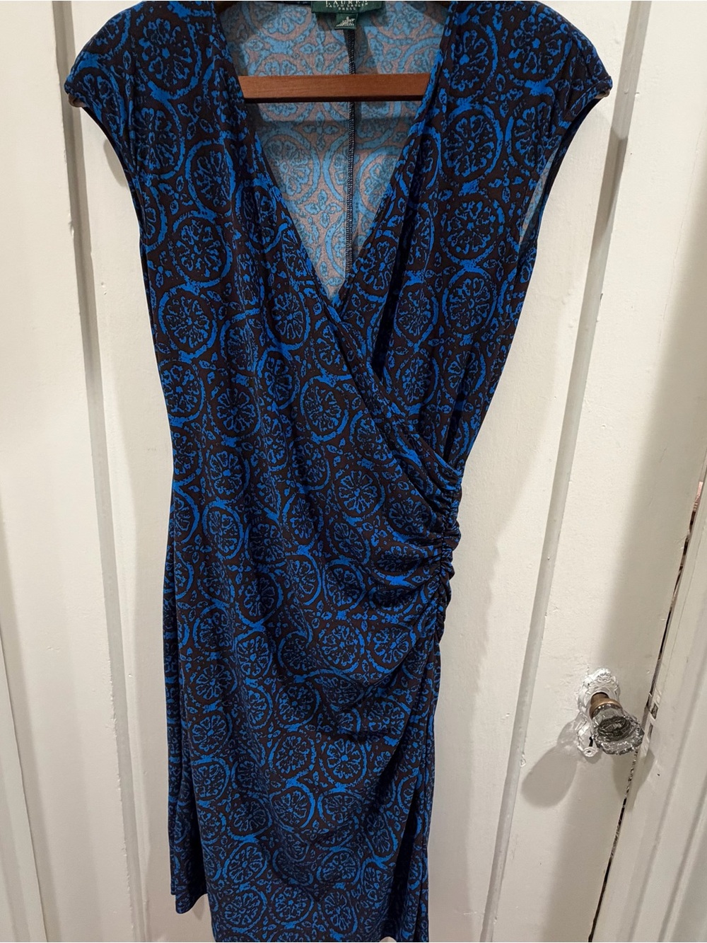 Lauren Ralph Lauren Blue and Black Wrap-Style Printed Dress